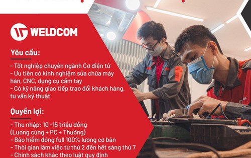 Công ty Cổ phần công nghiệp Weldcom tuyển dụng 2 Kỹ thuật viên